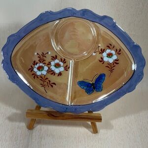 Japanese Lusterware divided serving plate Hand Painted Floral Butterfly